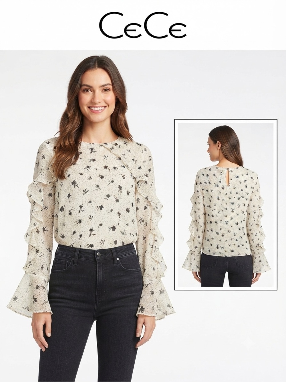 CeCe Sheer Ruffle Sleeve Floral Lined Blouse Small